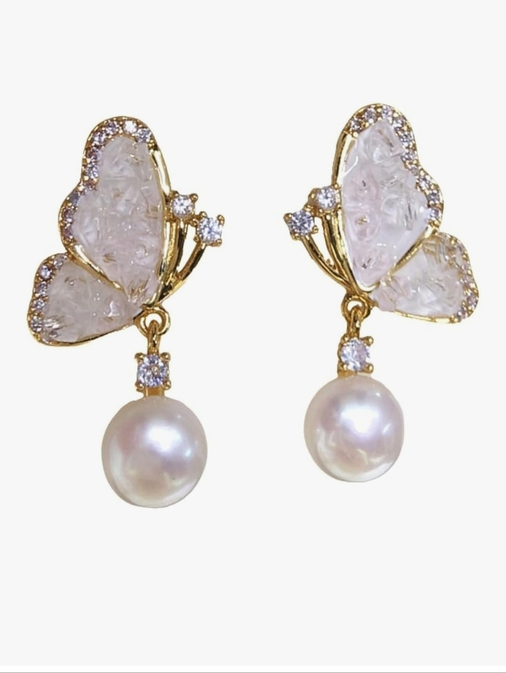 Real Fresh Water Pearl Gold Butterfly  Earrings With Gold Plating Real Pearl